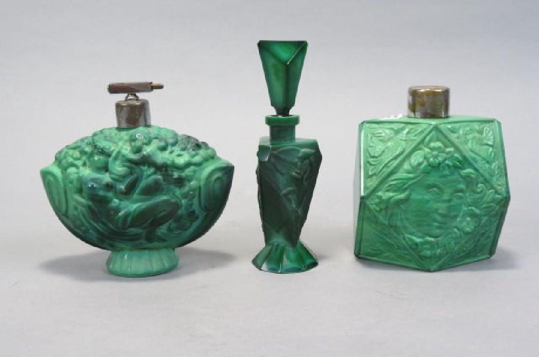 3 Malachite Glass Dresser Items, (1 of 5)