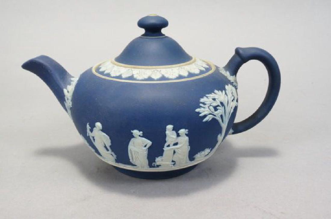Wedgwood Dark Blue Jasperware Teapot,: Wedgwood Dark Blue Jasperware Teapot, classical maidens in garden design, 5".