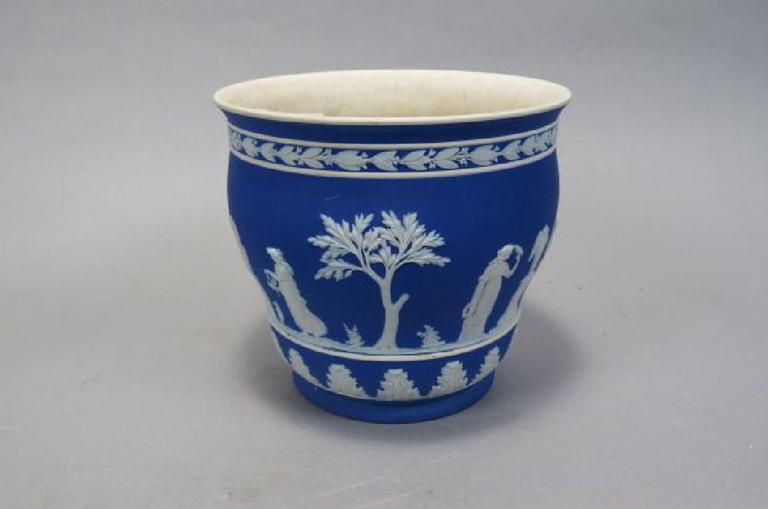 Wedgwood Dark Blue Jasperware Vase,: Wedgwood Dark Blue Jasperware Vase, maidens and cupid in garden, classical scenes, 6 1/2".