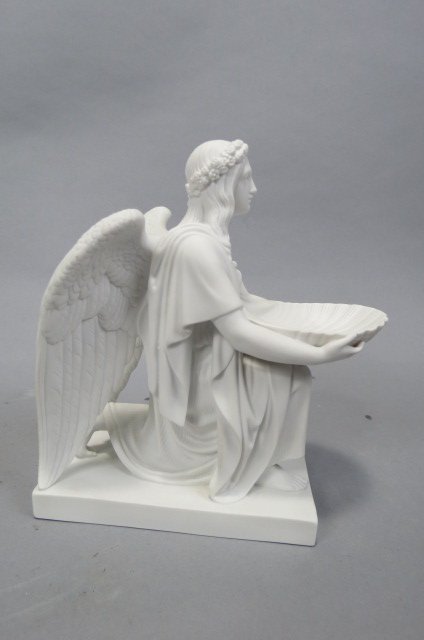 Royal Copenhagen Parian Figurine of an Angel,: holding a shell font, #3748, 9", excellent.