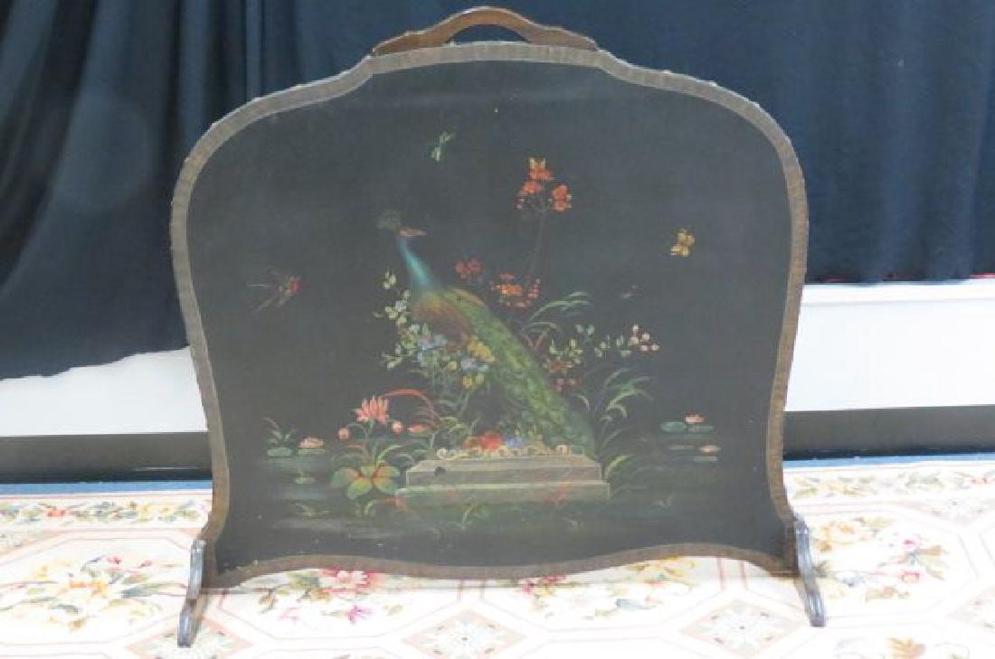 Antique Fire Screen with Painting of Peacock (1 of 3)