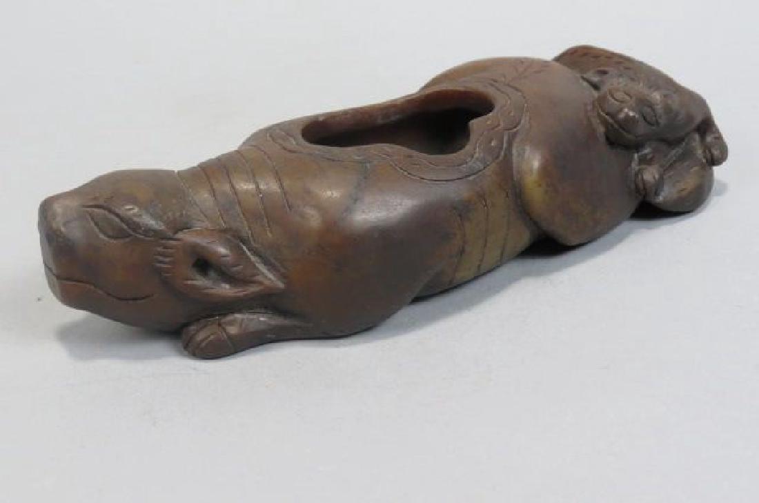 Chinese Carved Soapstone Brush Washer,: foo dog and pup, 3" X 8".