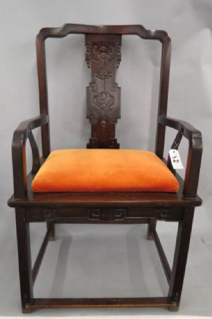 Pair of Chinese Carved Open Arm Chairs, bat & fish (1 of 4)