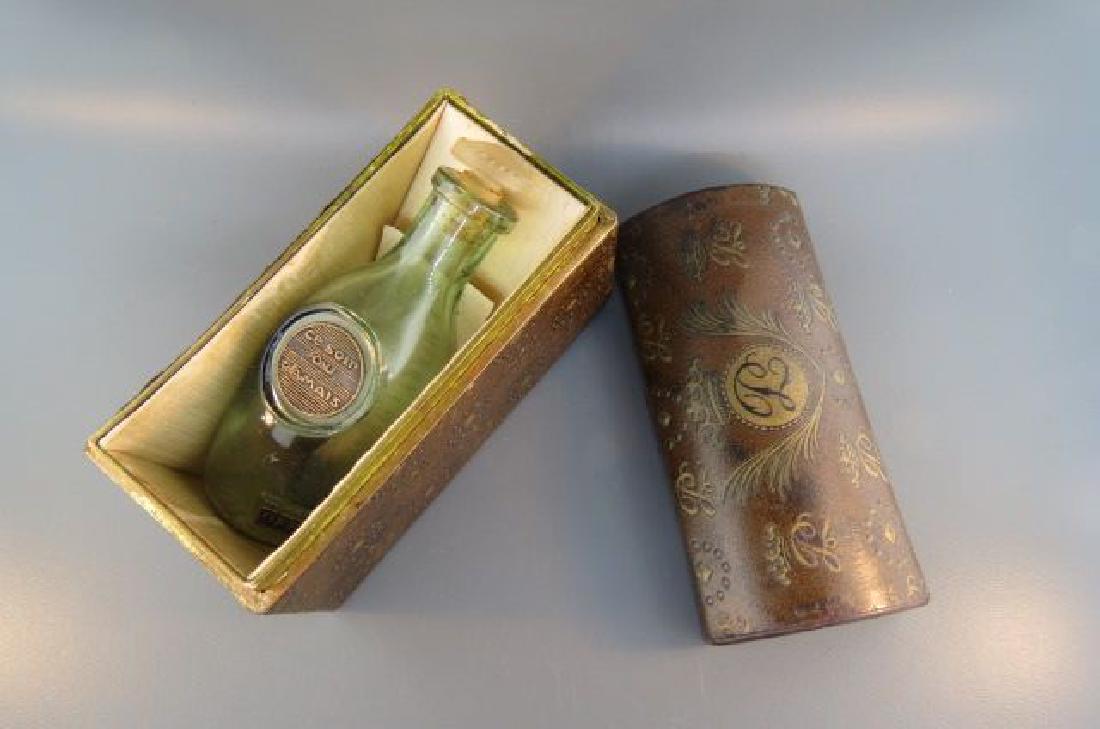 Offenthal "Ce Soir Au Jamais" Perfume Bottle,: figural wine bottle in an antique trunk style box, 1927, 3 1/2".