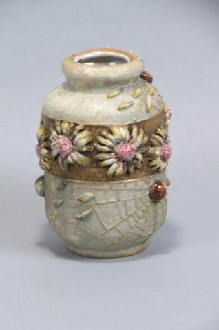 Teplitz Amphora Art Pottery Vase,: raised spider web and floral decor, gold trim, 6 1/2".Teplitz refers to art pottery manufactured by a number of companies in the Teplitz-Turn area of Bohemia during the late nineteenth and early twent