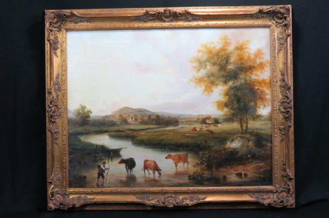 19th Century Oil Painting of Cows in Stream, (1 of 9)