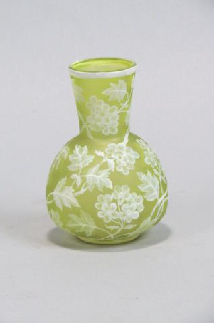 Webb Cameo Art Glass Vase,: beautiful white floral on yellow-green satin, 4 1/2', excellent.....Webb glass was made by Thomas Webb & Sons of Ambelcot, England. Many types of art and cameo glass were made by them during the Victo