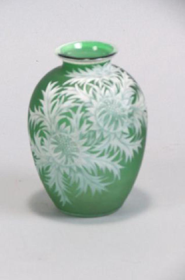 Webb Cameo Art Glass Vase,: finely cut white floral on green satin, 5", excellent...Webb glass was made by Thomas Webb & Sons of Ambelcot, England. Many types of art and cameo glass were made by them during the Victorian era. Th