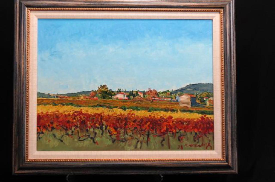 Robert Mendoze, oil, "Mas Aux Vignes Rouges",: listed French artist, born 1930, this example signed and dated 1988, on canvas, image area 18" X 24" plus frame....Robert Mendoze is a French painter who was born in 1930. Several works by the artist 