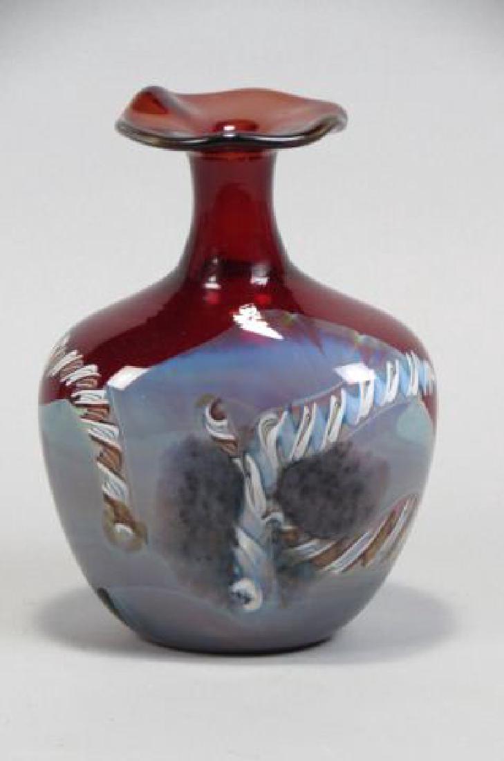 Peter Vanderlaan Art Glass Vase,: unusual mottled and cane base on deep red, 7 1/2", excellent........Peter Vanderlaan has been working with glass since a teenager. He has a unique partnership with Mary Beth Bliss. They explore both c