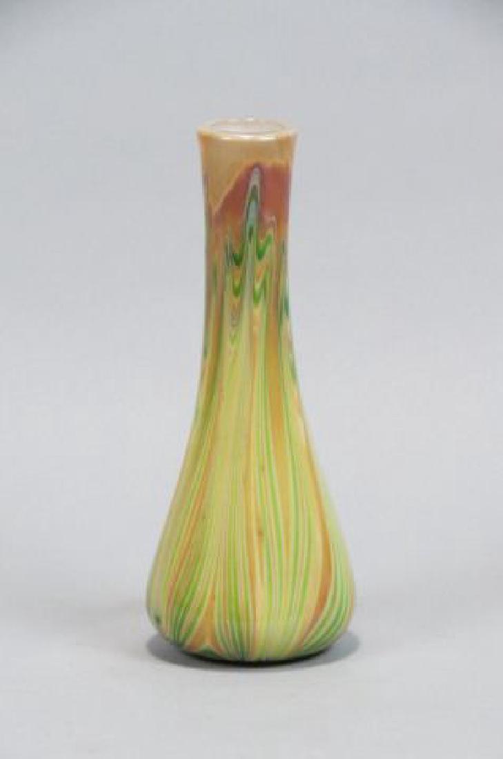 Art Glass Vase,: glossy pulled feather design in greens and browns, 9", unsigned, excellent.