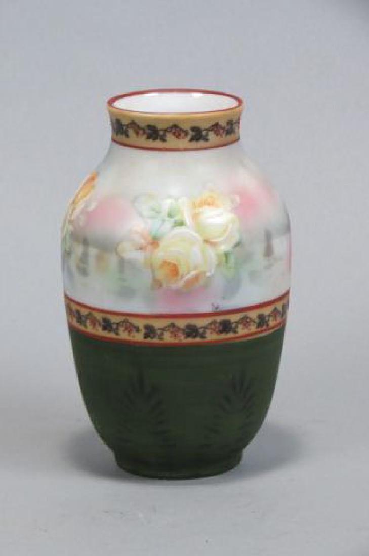 Royal Bayreuth Porcelain Vase,: overlaid style floral on sailboats background, banded flowering vine, 5 1/2", excellent.