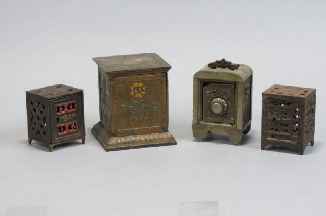 4 Figural Cast Iron Banks,: 3 are safes and other a ballot box, tallest is 4 1/2", circa 1890.