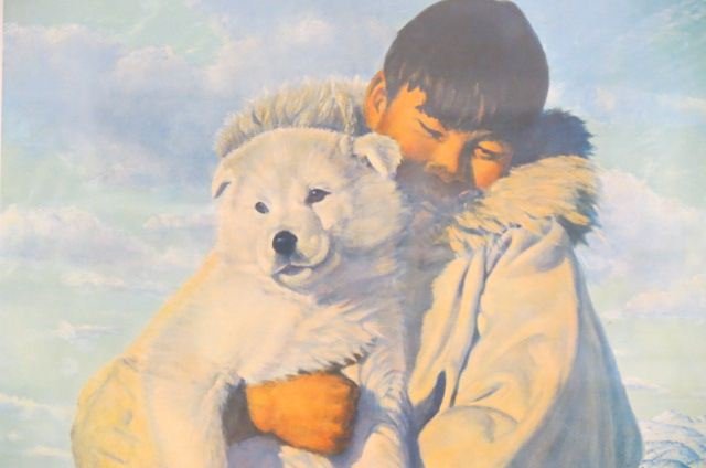 Fred Machetanz, Stone lithograph, Inuit Boy & Bear Cub, (1 of 4)