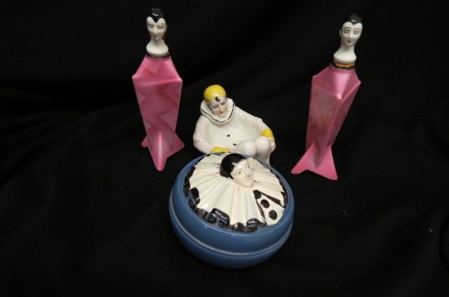 4 Art Deco Items; Pierrette figural porcelain dish, (1 of 4)