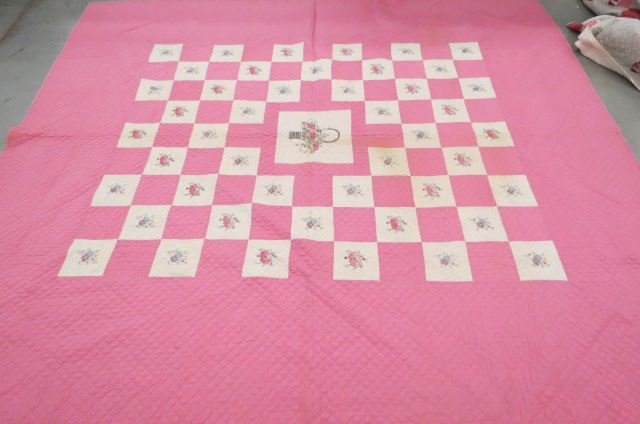 Vintage Handmade Quilt, embroidered basket of flowers, (1 of 4)