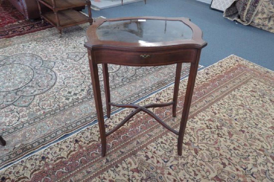Vitrine Cabinet,: fine inlay, turtle top, 16" X 21", fancy X stretcher, Edwardian, 28" tall.
