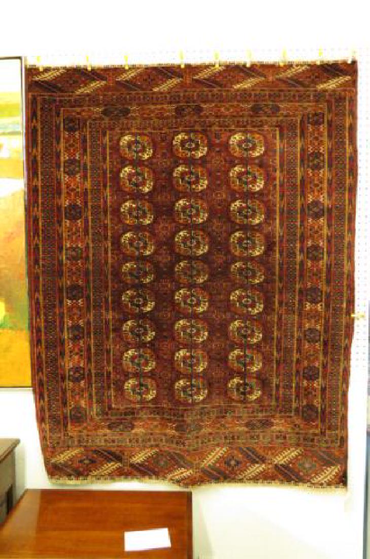 Turkoman Persian Handmade Rug,: geometric designs, reds, browns and ivory, tight weave, 4' X 5'2".