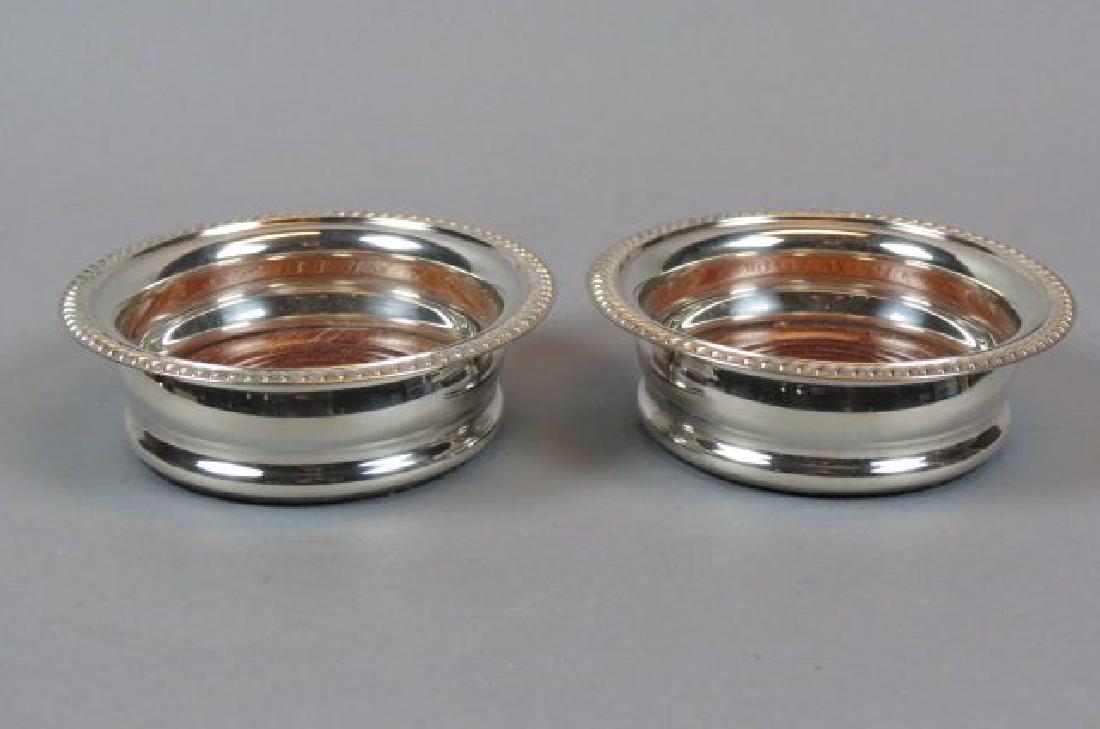 Pair of Silverplate Wine Coasters,: mahogany base, 5 1/2" diameter, excellent.