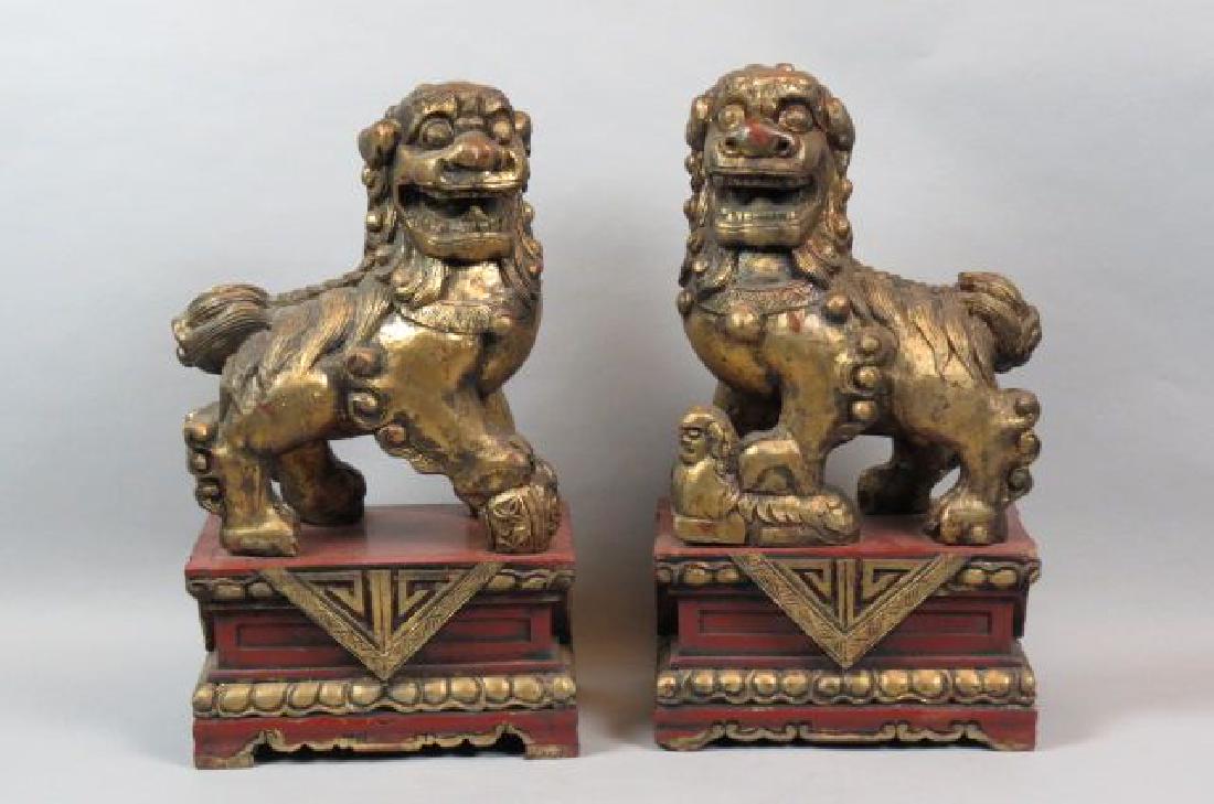 Pair of Chinese Carved Wooden Foo Dog Statues, (1 of 5)