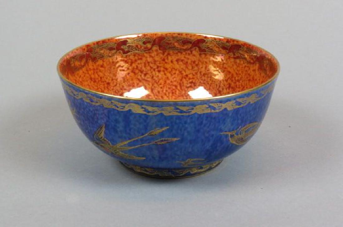 Wedgwood Fairyland Lustre "Hummingbird" Bowl,: flying crane border, 6 1/2" diameter....Fairyland Lustre, a fanciful Wedgwood line introduced in 1915. The line was designed by an eccentric woman named Daisy Makeig-Jones, an artist who talked her wa