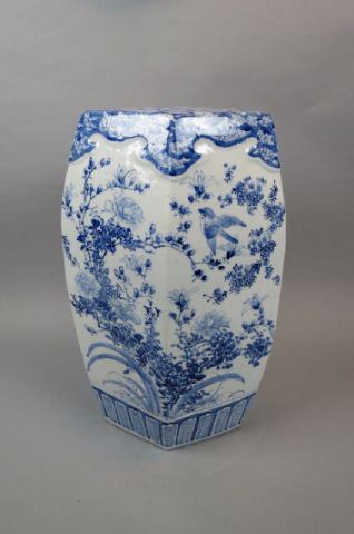 Chinese Blue & White Porcelain Garden Seat,: decorated with birds, flowers and foliage, 19 1/2" tall, hexagon shape.