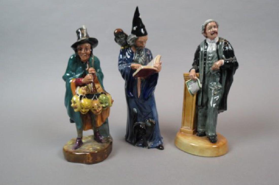 3 Royal Doulton Figurines,: The Wizard HN2877, The Mask Seller HN2103 and The Lawyer HN3041, tallest is 9 1/2", excellent.