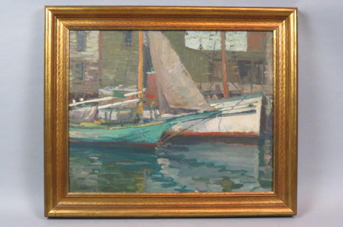 Alice G. Locke, oil, boats in harbor,: New England, probaly Gloucester, on board, image area 16" X 20", well listed artist.