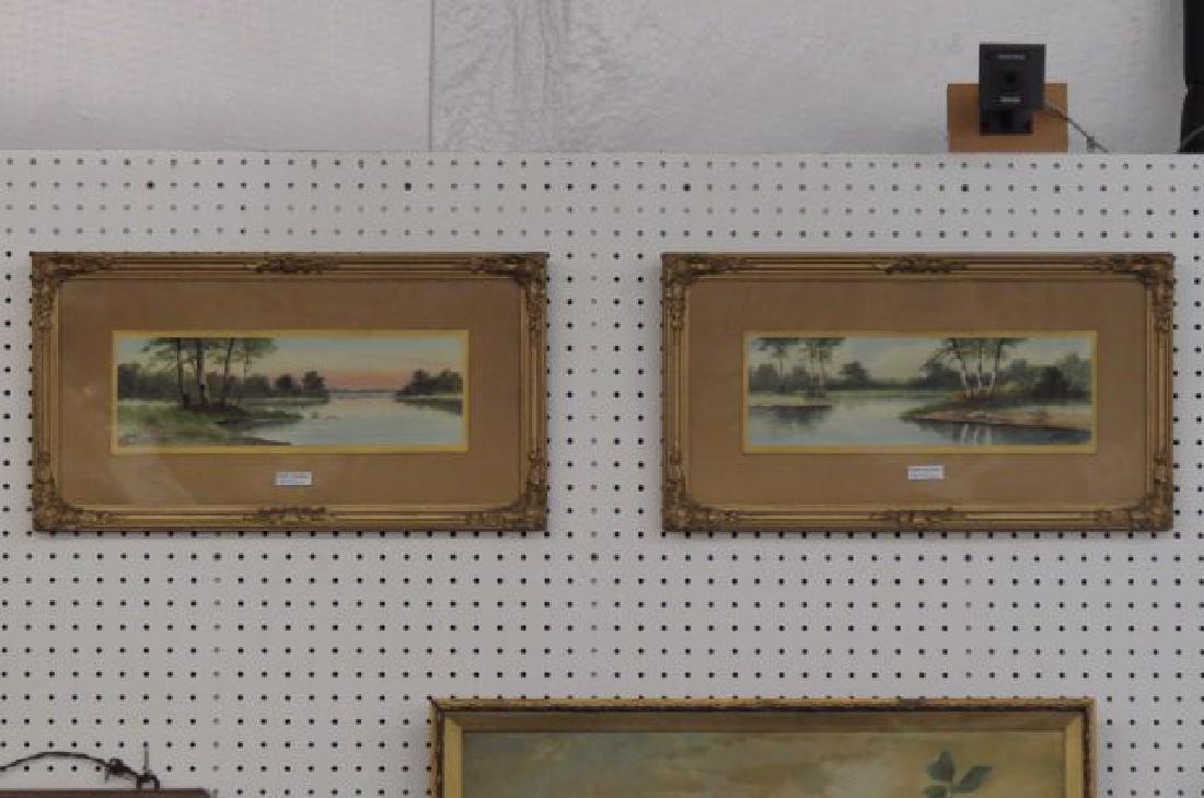 Pair of Watercolors, Birches along the water,: one at sunset, very fine detail, artist signed (illegible), image area 4 5/8" X 14 5/8", nicely matted and framed.