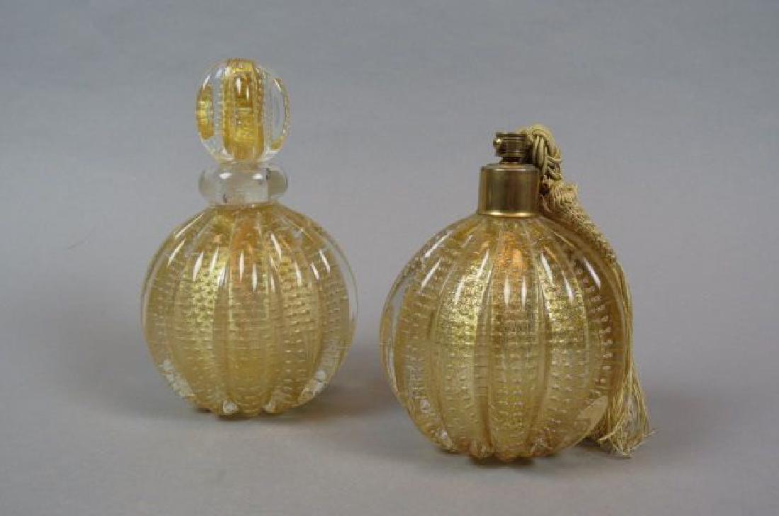 Italian Art Glass Perfume & Atomizer by Barovier,: internal gold decor with bubble effect, "cordonato d'oro", ribbed, tallest is 7".