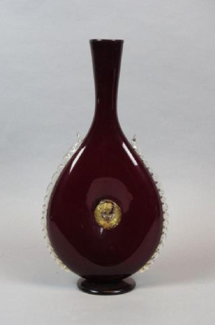 Italian Art Glass Vase,: lion head medallion in clear with gold mica on a deep red body, Pilgrim flask shape, 16", excellent.
