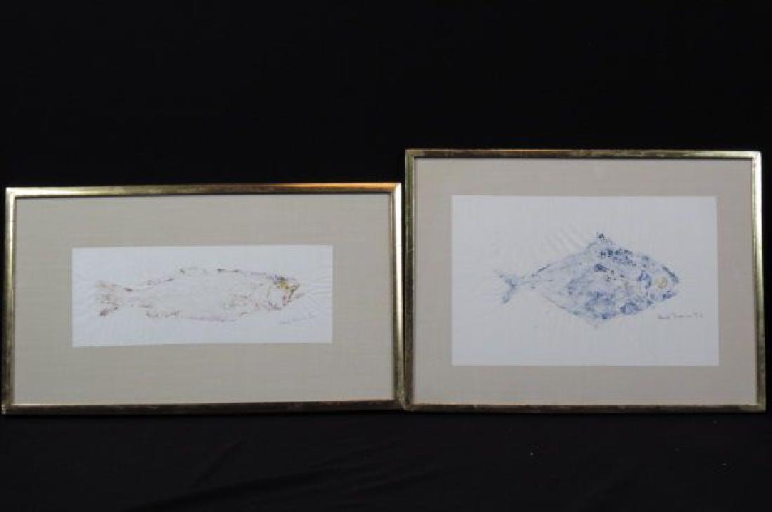 Karl Mann, watercolors, Fish,: signed and dated 1956, paper sizes 9" X 14" and 5 1/4" X 13 1/2", listed artist.