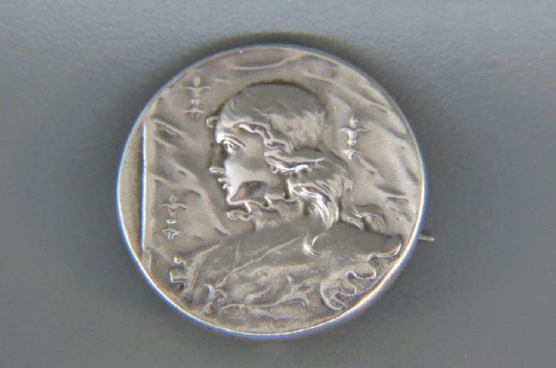 Unger Brothers Sterling Joan of Arc Brooch,: medallion style, with watch or locket hanger, 1 1/8" diameter, circa 1890.