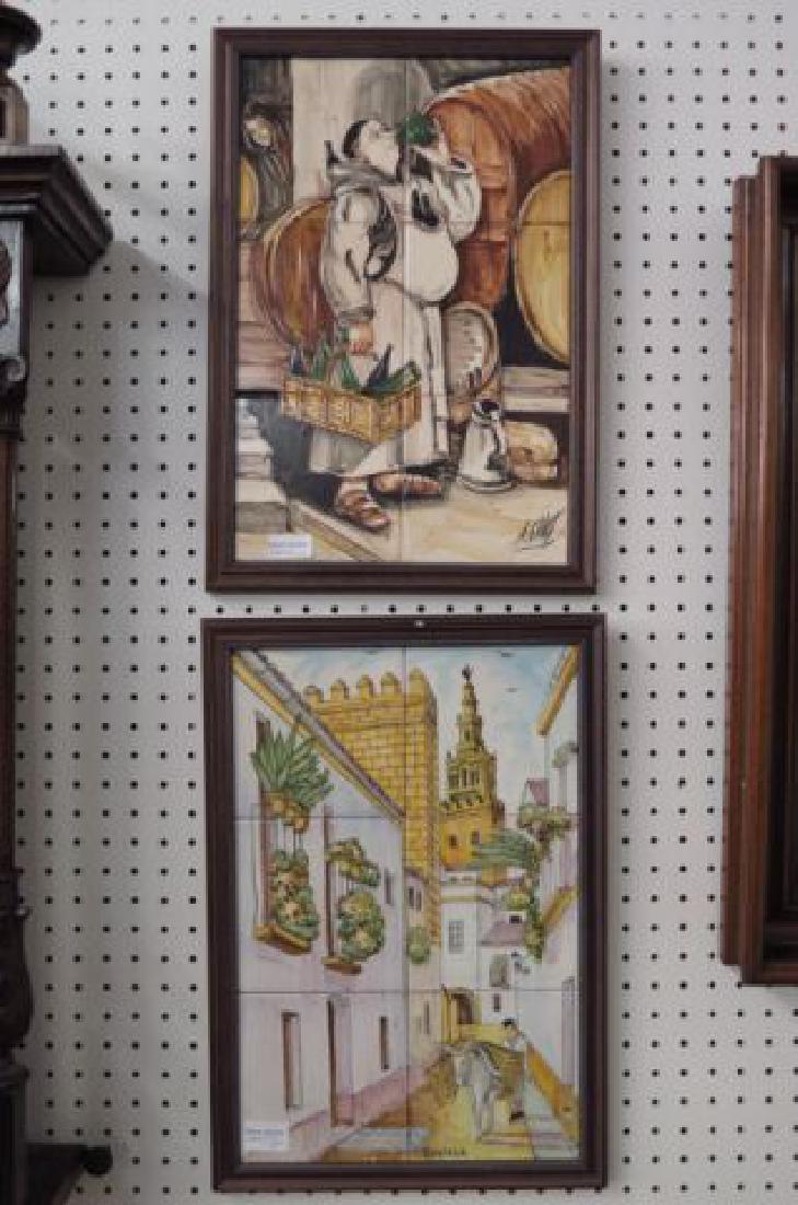 2 Spanish Handpainted Tile Artworks,: monk sampling wine and a Seville street scene, image area 12" X 18".