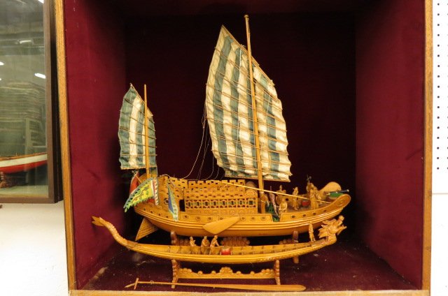 Model Wooden Ship in Wall Display Cabinet (1 of 8)