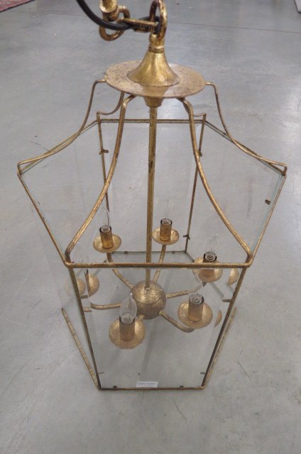 Gilt Metal & Glass Hanging Light Fixture,: six light, beveled glass, 13 1/2" across, overall 22" tall.