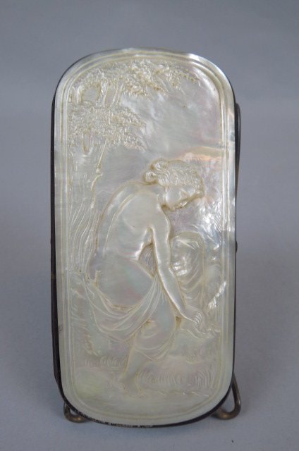 French Carved Mother-of-Pearl Eyeglass Case,: nude maiden at rest, circa 1890's, 2 1/2" X 5 1/2", original silk lining, note the old wire rim glasses will fit, (not for today's glasses), the carving and condition is wonderful!
