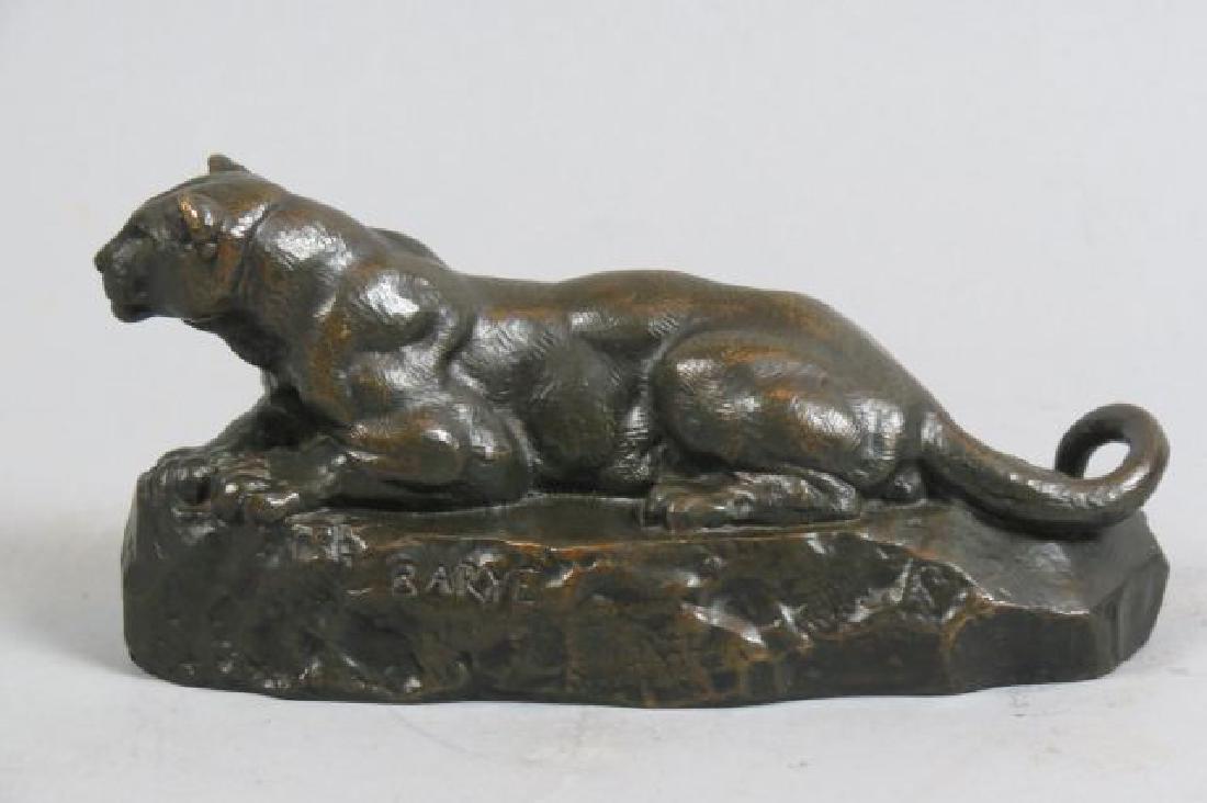 Bayre Bronze Pather Figurine with Barbedienne: Foundry mark, 7 1/2" long, 3 1/2" tall, circa 1890....The son of a goldsmith, Parisian born Antoine-Louis Bayre was a sculptor of animal subjects and acclaimed, not only for his apparent skill, but as