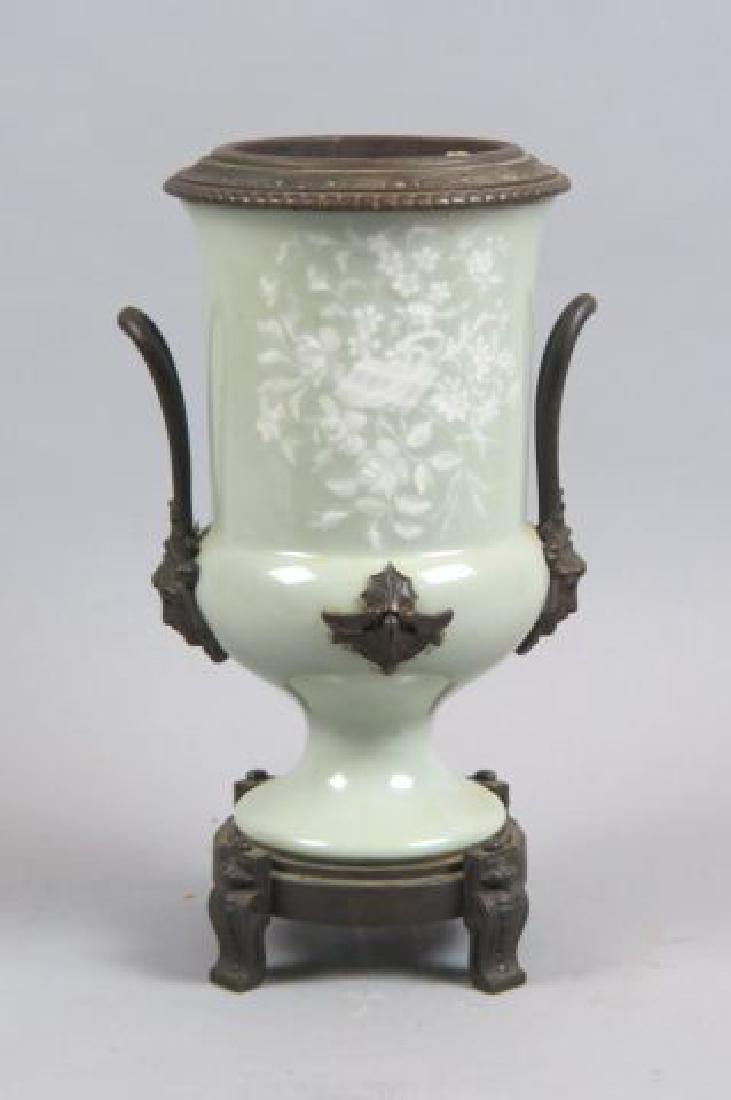 Minton Pate-sur-pate Porcelain & Bronze Vase,: lute and floral on soft green, footed, handled, 12", 19th century.