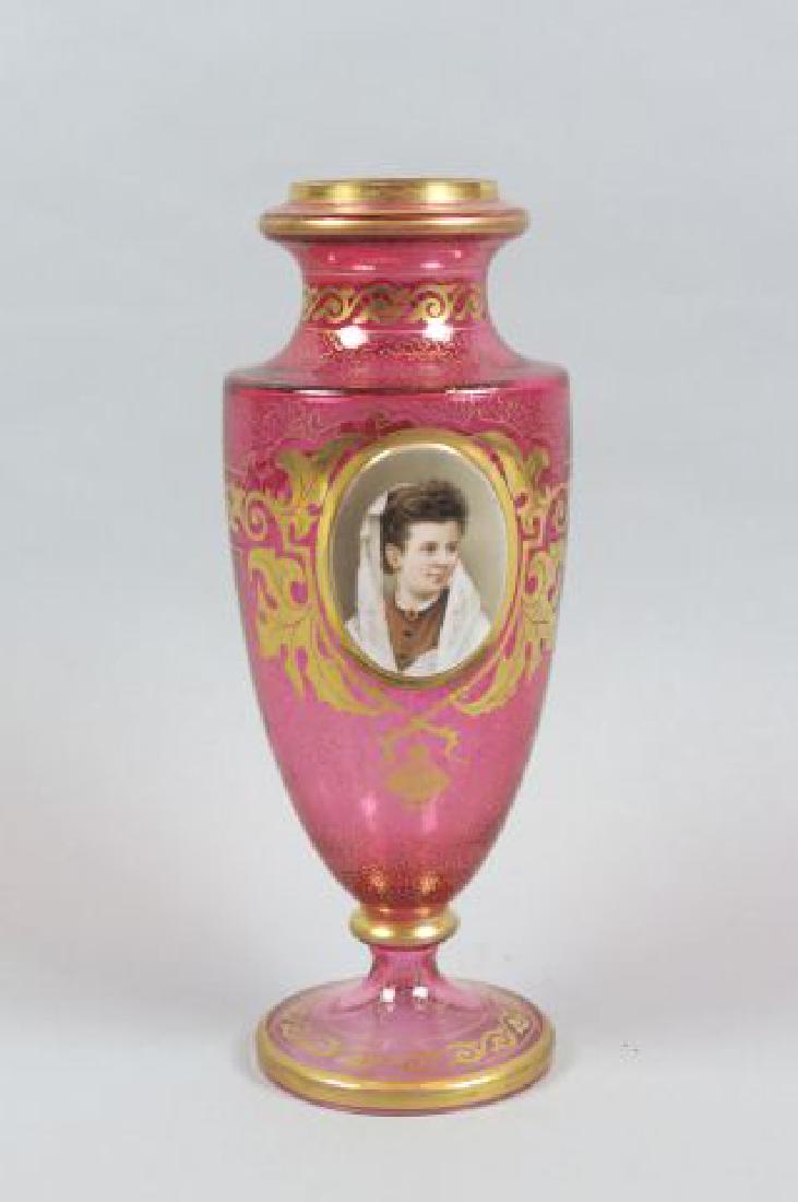 Moser Cranberry Art Glass Portrait Vase, (1 of 4)