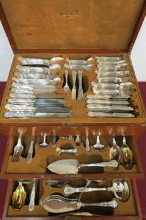 234 pc. Tiffany "English King" Silver Flatware Set,: complete service for 12 in original chest with fitted interior, lift top and two drawers full of servers, late 19th Century silver electroplate, mono J.M, appears seldom used, a beautiful service. Inv