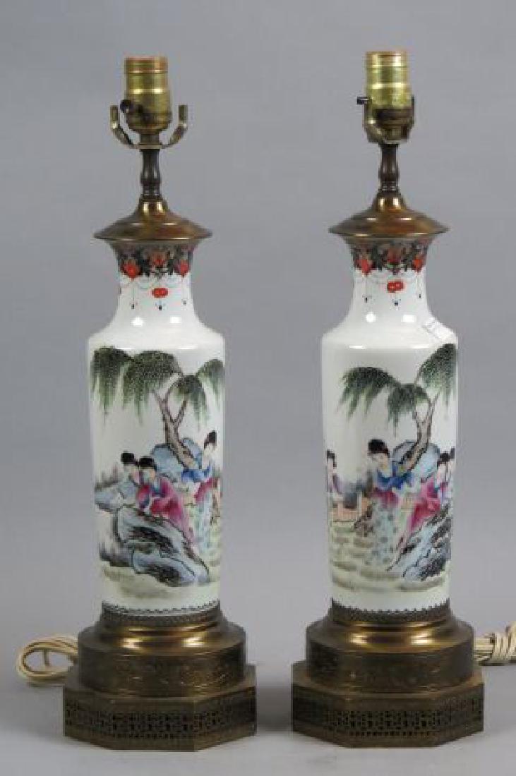 Pair of Chinese Porcelain Lamps,: young ladies fishing, signed, 11 1/2" body.