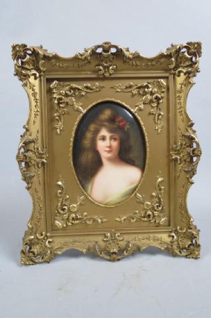 KPM Painting on Porcelain Plaque of Young Woman,: probaly after Angelo Asti, beauty with flowers in long flowing hair, plaque size 5" X 7", in ornate gold frame, 11" X 13" overall.