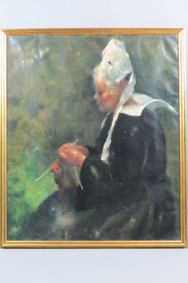 Dana Pond Oil Painting of Dutch Lady Knitting, (1 of 9)