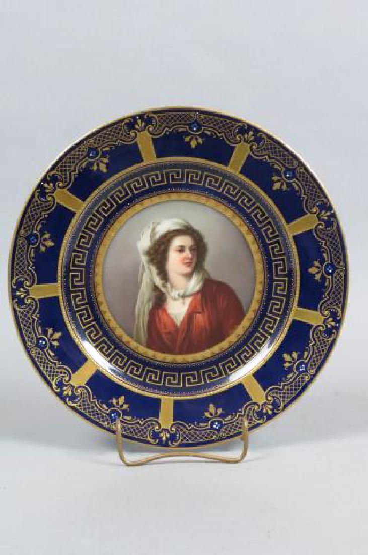 Royal Vienna Porcelain Handpainted Portrait Plate,: young lady, artist signed Scholz, elaborate cobalt and gold, 10", excellent.