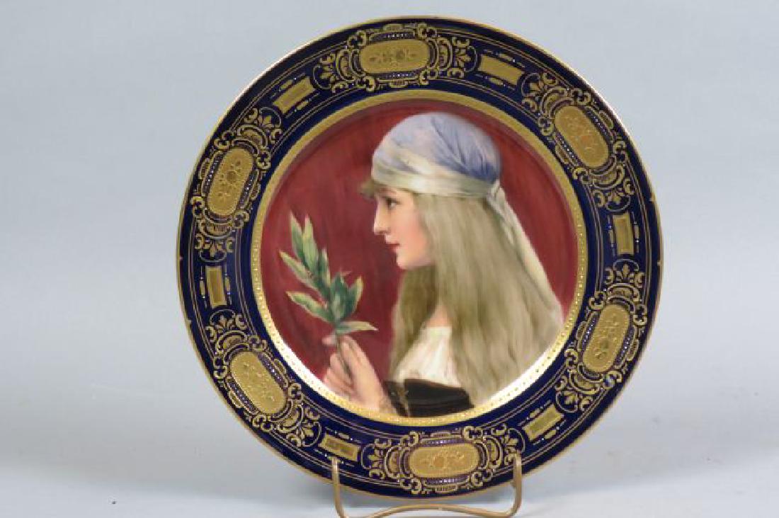 Royal Vienna Porcelain Handpainted Portrait Plate: young lady with holly, elaborate cobalt and gold trim, 10", excellent.