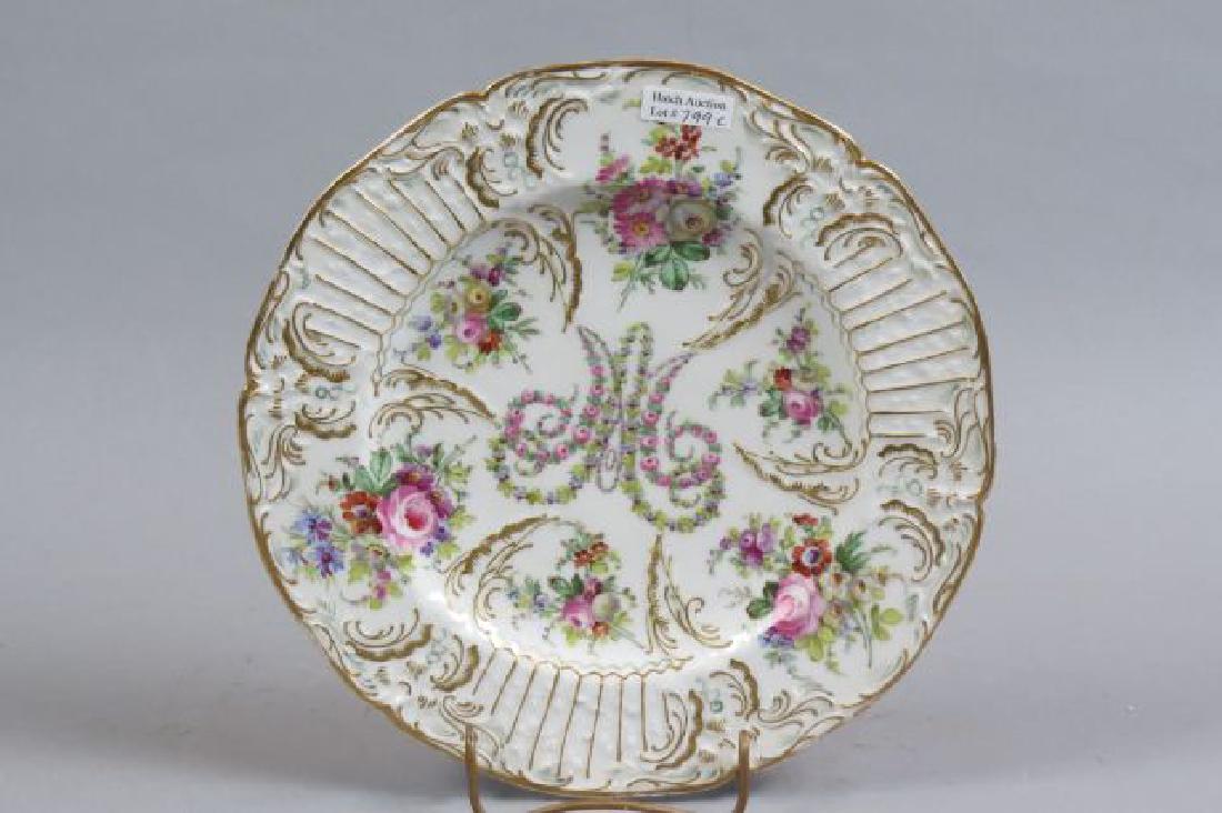 Sevres Type Porcelain Handpainted Marie Antoinette: Plate, monogram "M" in floral garland and floral sprays throughout, fine gold work, 10", signed, 19th century.