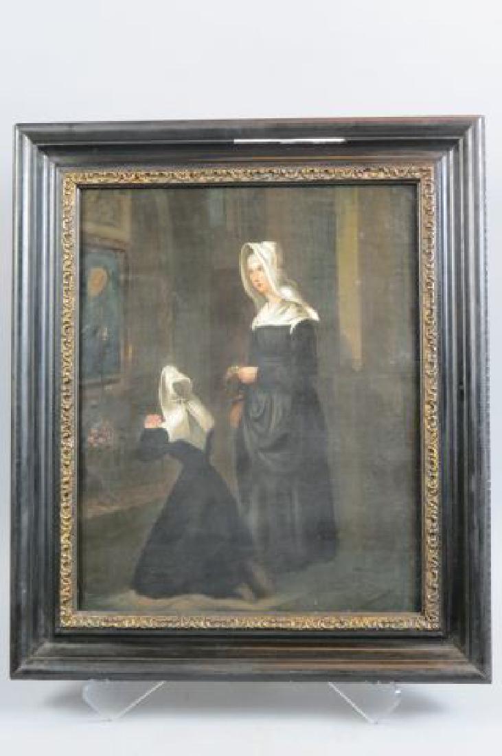 19th Century Oil Painting of Nuns at Prayer,: on board, image area 14" X 18", in black and gold frame.