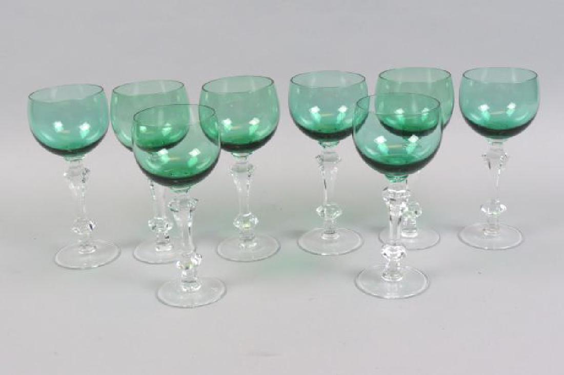 8 Emerald Crystal Wine Glasses,: tall clear stems and bases, hock shape, 7 1/2", excellent.