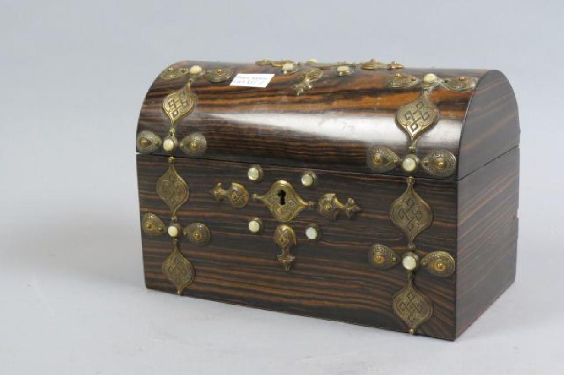 Antique Wooden Box with Abalone & Brass Trim,: trunk shape, dome top, 5" X 9 1/2", 6 1/2" tall, locking.